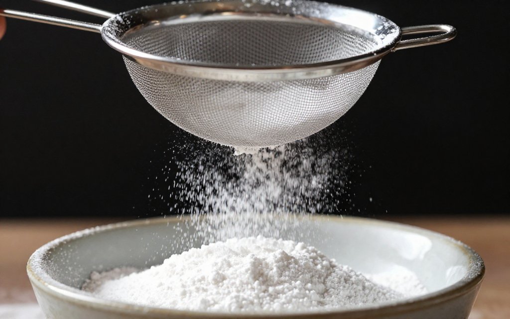 Powdered confectioners sugar being sifted through a fine mesh sieve for accurate measurement