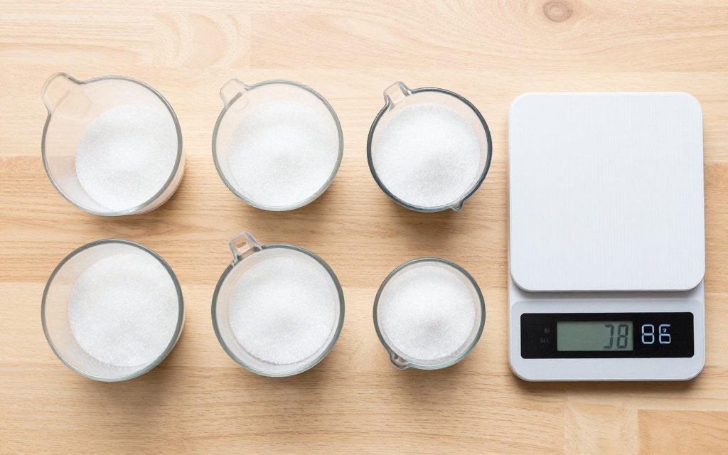 Multiple measuring cup sizes filled with granulated sugar arranged next to a kitchen scale