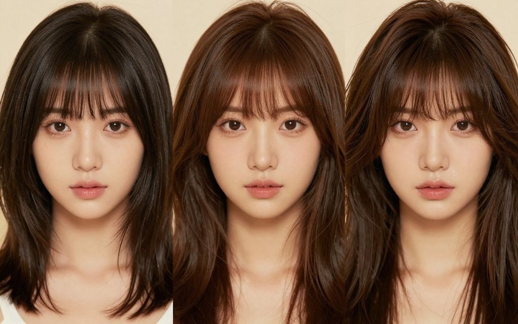 Curtain bangs styled for different face shapes including oval, round, and square faces showing length and feathering variations