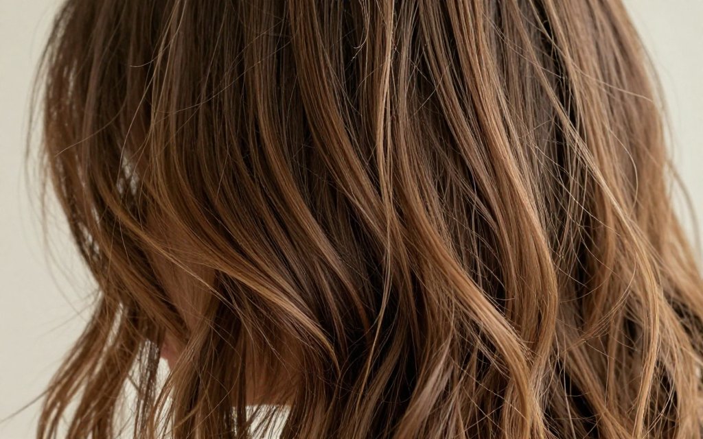 Close-up of curtain bangs on wavy hair showing natural texture and face-framing movement without heat styling