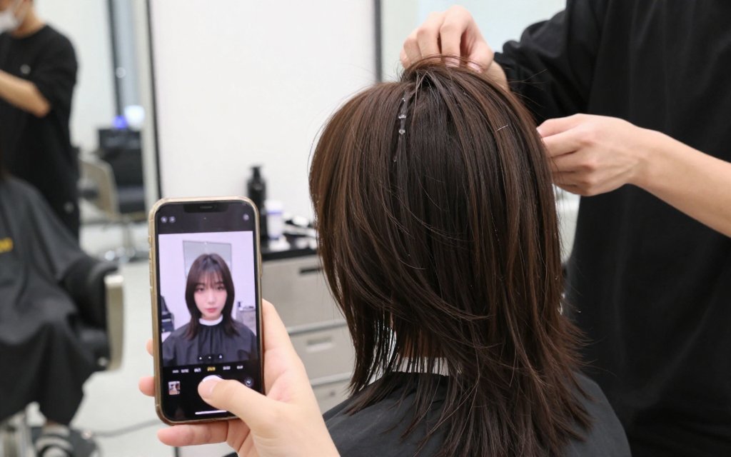 Client consulting with a hair stylist about curtain bangs haircut length and texture using a reference photo