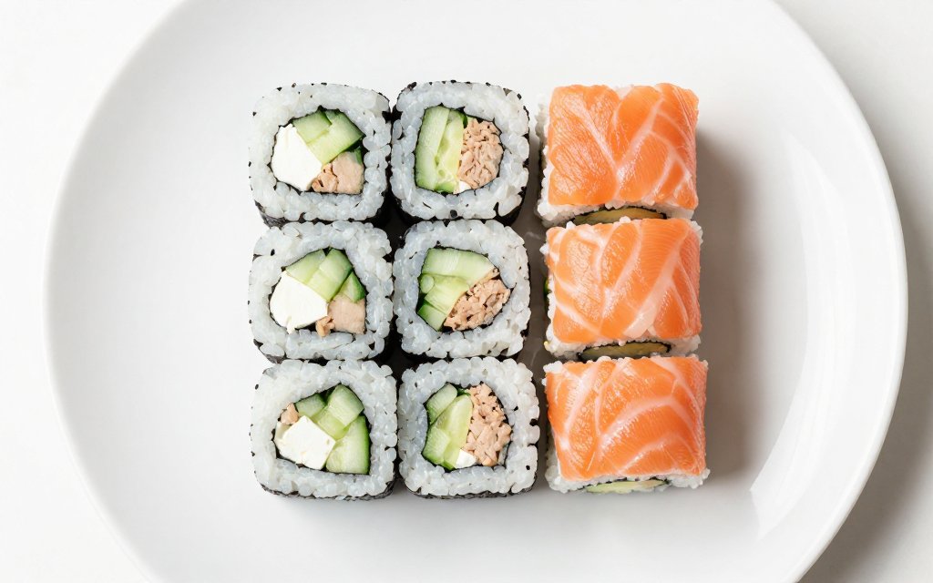 Top-down view of low calorie sushi rolls including cucumber and tuna maki on a white plate
