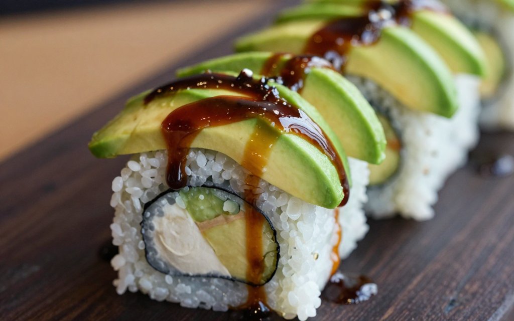 Close-up of a dragon roll with avocado and eel sauce drizzle showing high calorie sushi toppings