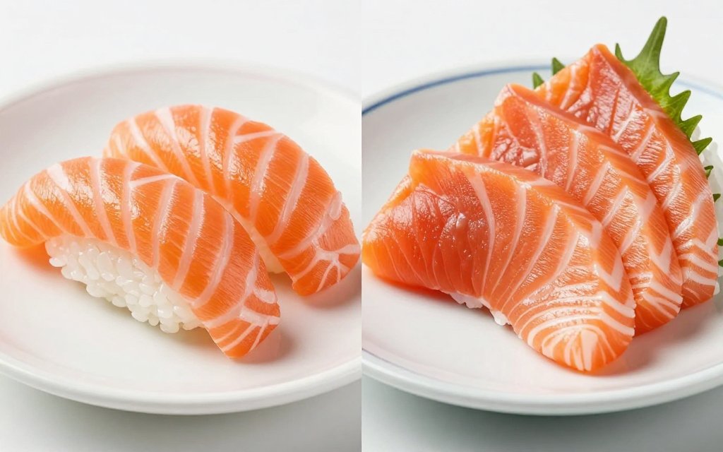 Side by side comparison of salmon nigiri and salmon sashimi showing calorie difference with and without rice