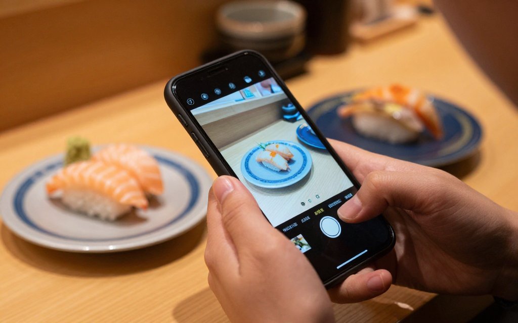 Person logging sushi calories on a calorie tracker app at a Japanese restaurant