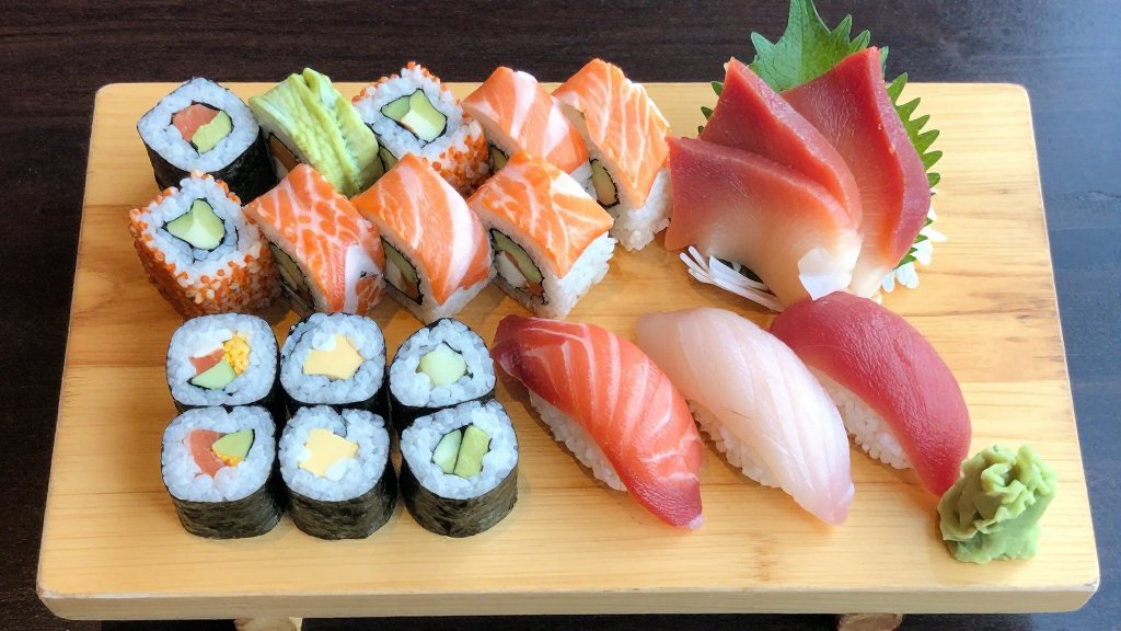 Assorted sushi platter with maki rolls, nigiri and sashimi displayed on a wooden board