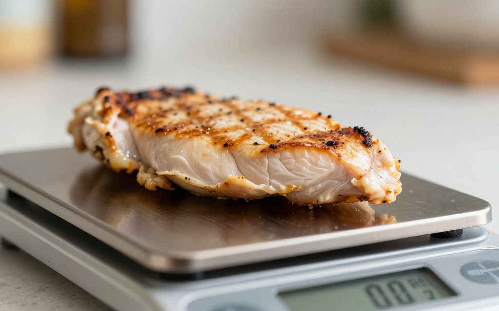 Digital food scale weighing grilled chicken breast to measure daily calorie intake