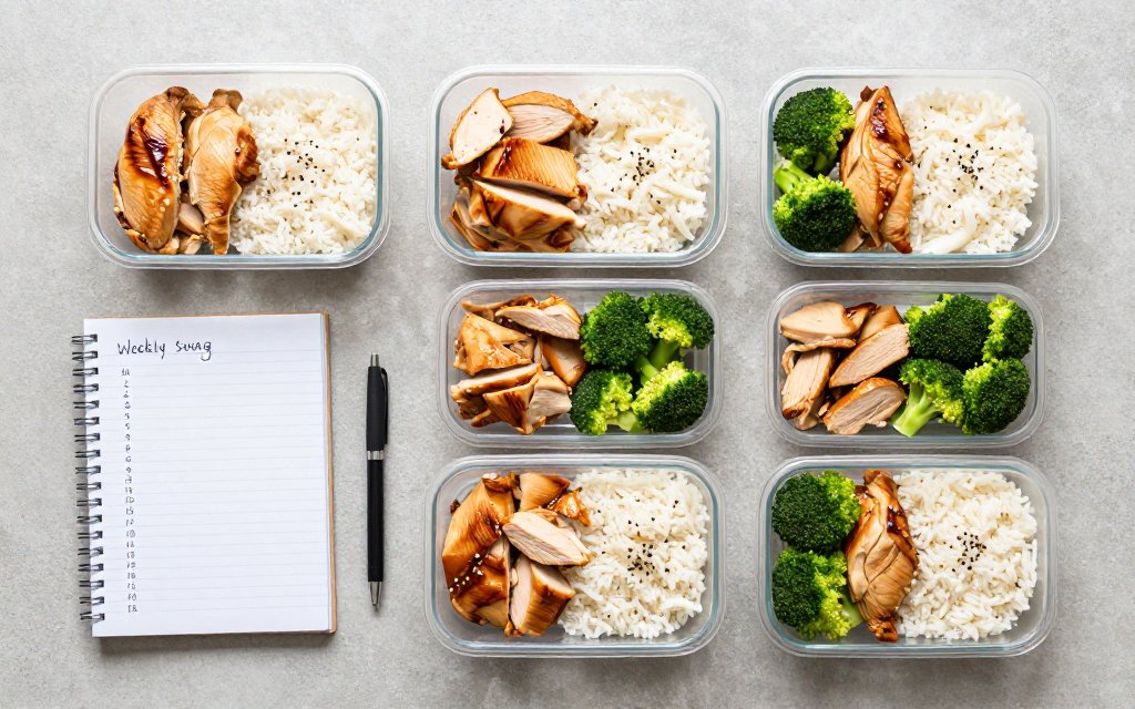 Meal prep containers portioned to match a calculated daily calorie deficit target