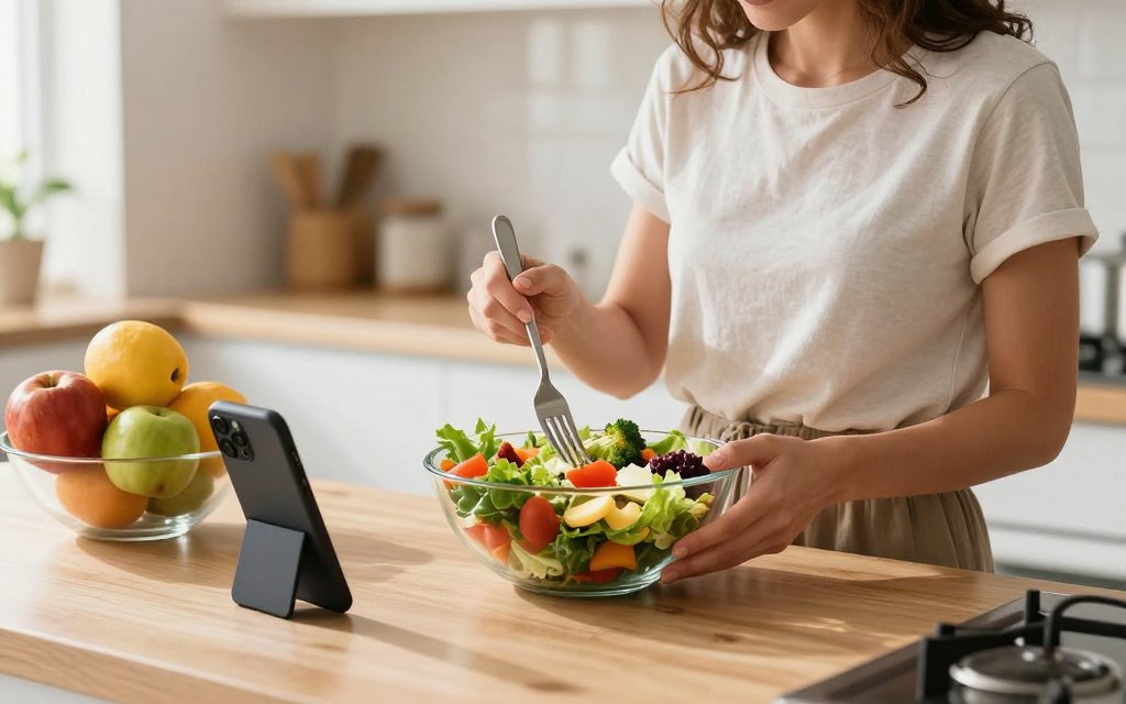 Preparing a colorful low calorie meal in a bright kitchen with a phone nearby for logging