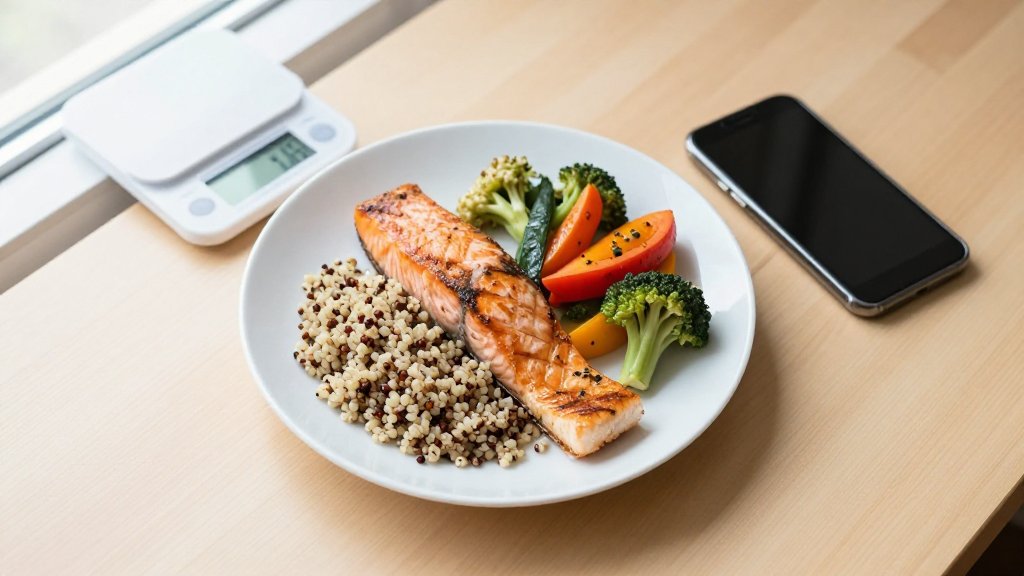 Balanced meal beside a kitchen scale and smartphone, the everyday setup for using a maintenance calorie calculator