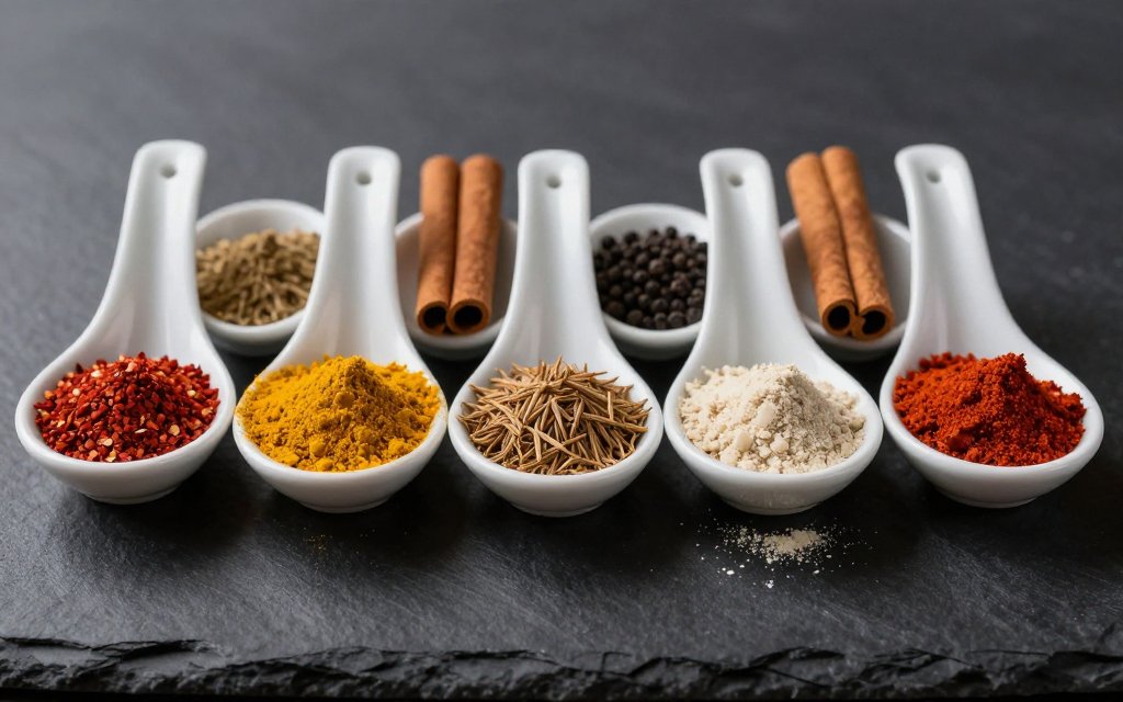 Seven teaspoons of different ground spices in a row on dark slate, showing how gram weight per teaspoon varies by density and color of each spice