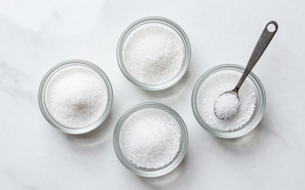 Three types of salt in small glass bowls viewed from above, comparing table salt, kosher salt, and sea salt grain sizes for a teaspoon weight comparison