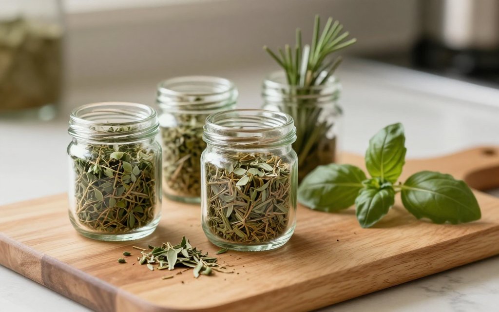 Jars of dried herbs including oregano, thyme, rosemary, and basil on a wooden cutting board, showing the light airy herbs with low gram weight per teaspoon