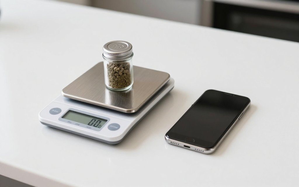 Digital kitchen scale next to a smartphone showing two methods of measuring spice jar weight in grams without opening the container