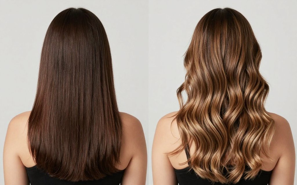 Before and after comparison of blonde balayage on brown hair for brunettes