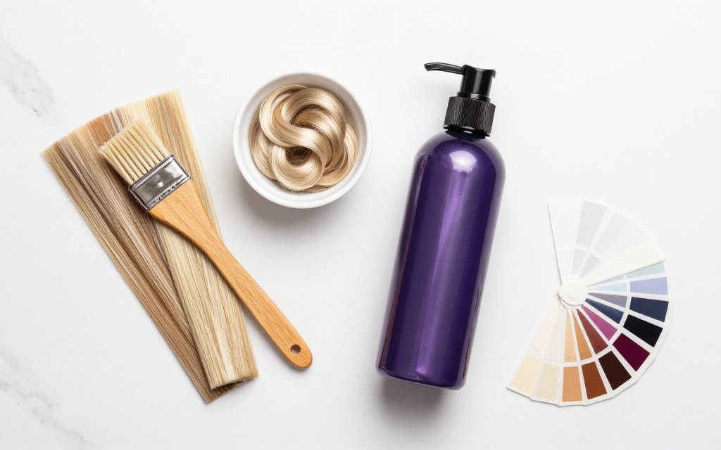 Flat lay of foils, tint brush and toner used for low maintenance hair color