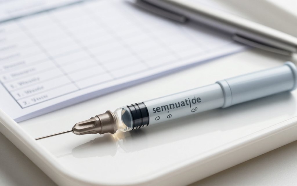 Semaglutide injection pen on a medical tray beside a weekly weight tracking chart, representing a GLP-1 weight loss protocol