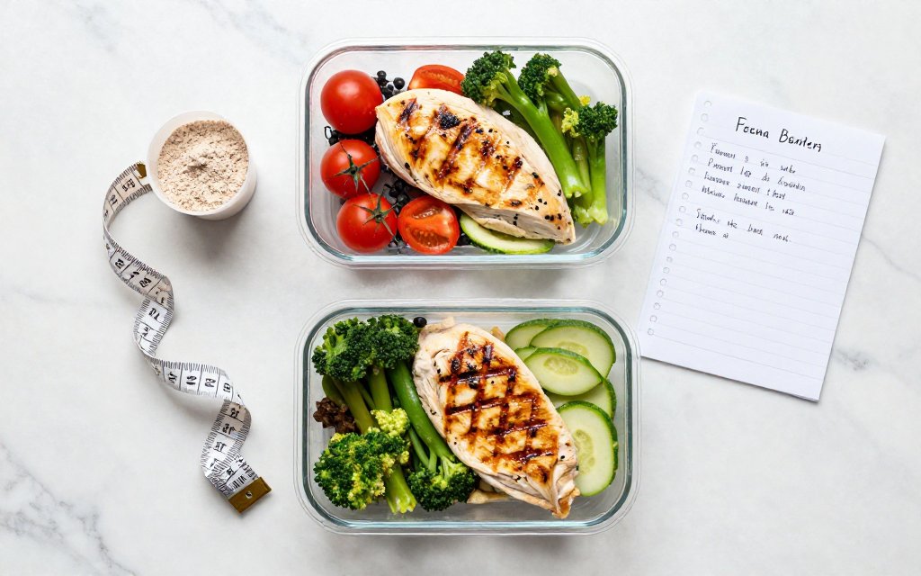 Top-down flat lay of high-protein meal prep with measuring tape and nutrition notes, tools for managing a weight loss plateau on GLP-1