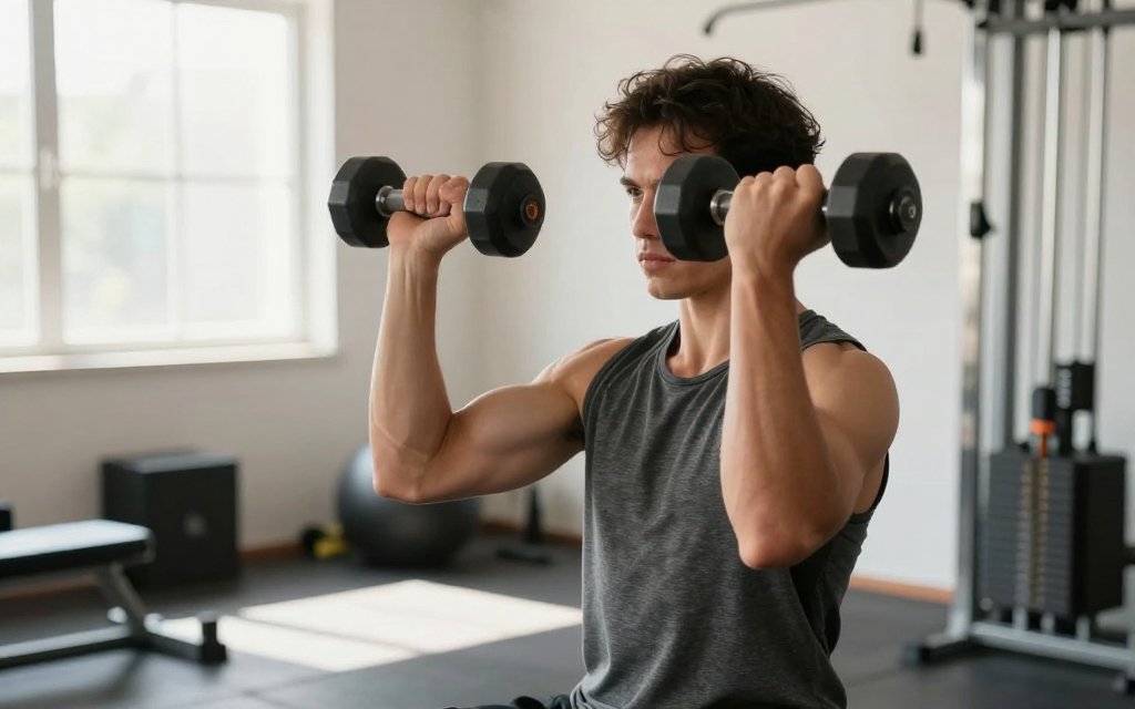 Person doing resistance training with dumbbells in a home gym, a key strategy for breaking a weight loss plateau on GLP-1 medications