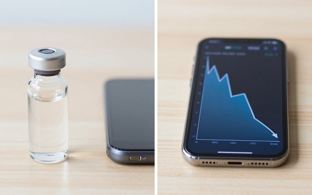 Glass peptide vial beside a smartphone weight tracking graph, illustrating GLP-1 medication and data logging to manage a weight loss plateau