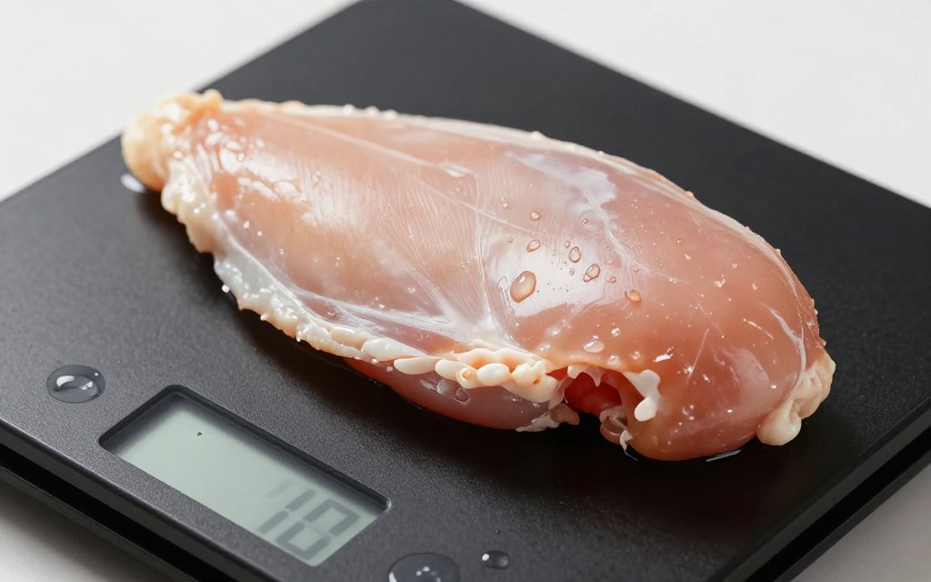 Macro photo of one raw chicken breast on a scale showing how much a chicken breast weighs in grams