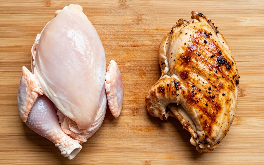 Top-down comparison of raw and cooked chicken breast showing weight loss for a chicken breast serving