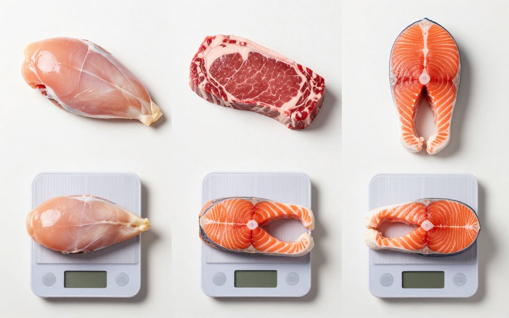 Chicken breast, beef, and salmon portions on scales comparing meat portion sizes in grams