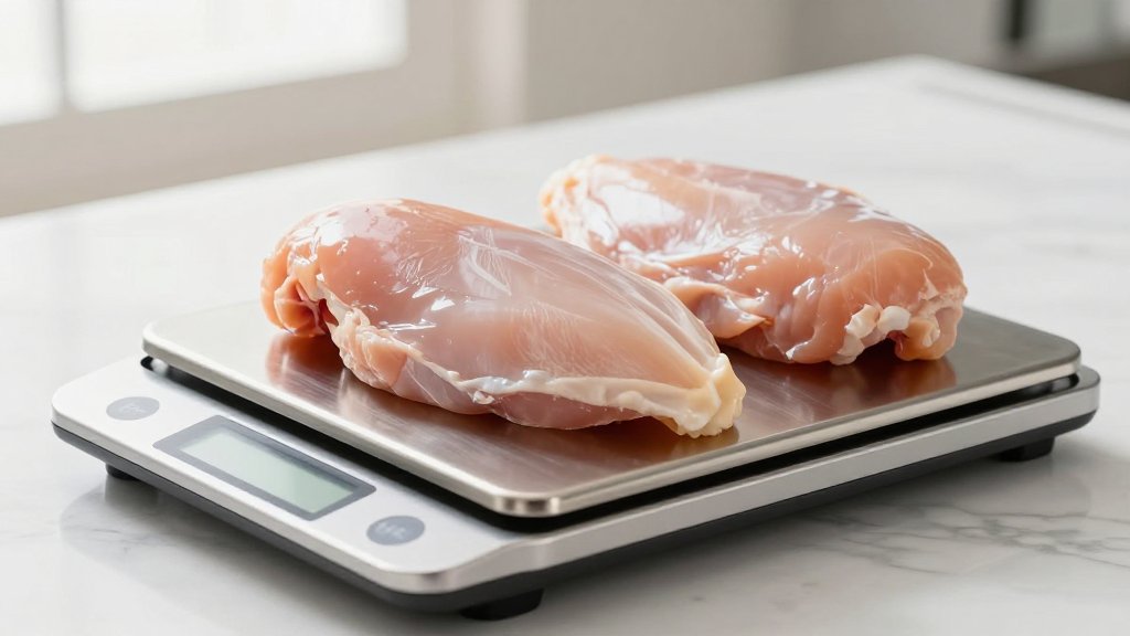 Two raw chicken breasts on a digital kitchen scale showing a chicken breast portion size in grams