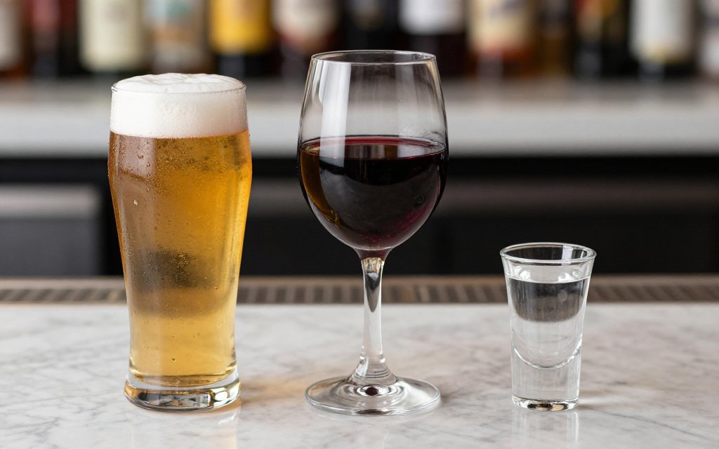Comparison of beer, wine, and vodka showing the calories in alcohol across three common drinks
