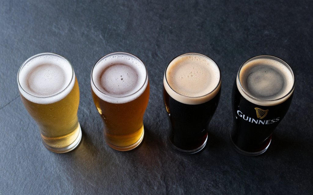 Top down view of light lager and Guinness pints illustrating calories in beer by style