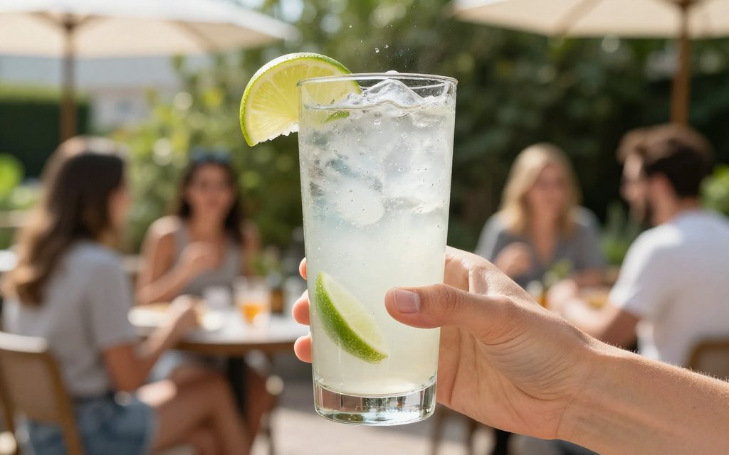 A vodka soda held at a summer patio as a low calorie alcoholic drink option