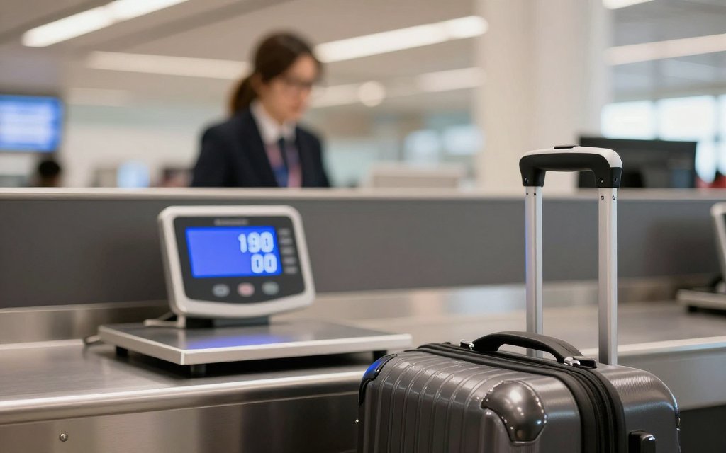Suitcase on an airport check-in scale being measured against the checked baggage weight limit