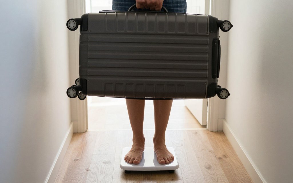 Person weighing luggage without a scale by standing on a bathroom scale holding a suitcase