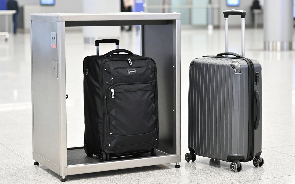 Carry on bag in a gate sizer illustrating the carry on weight limit and size rules