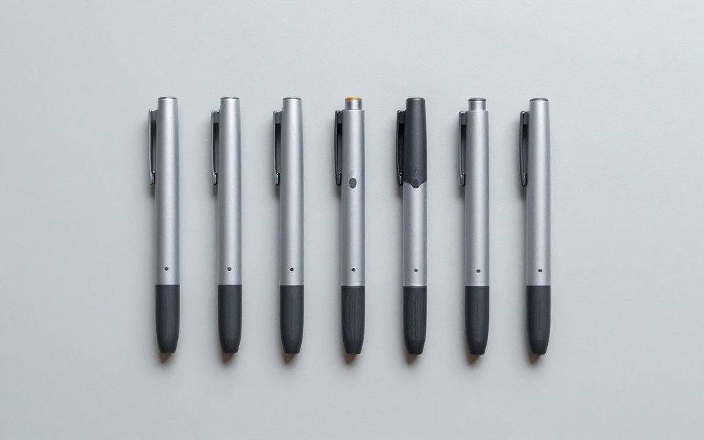 Flat lay of six injection pens showing the range up to the Mounjaro maximum dose.
