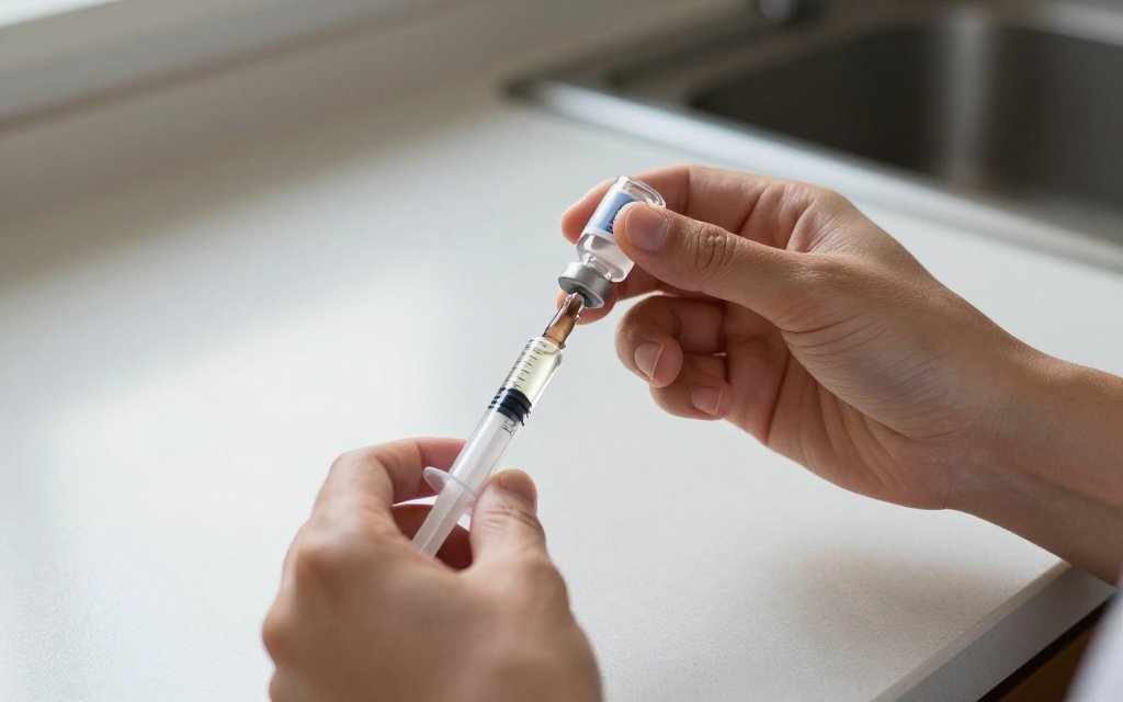 Hands drawing tirzepatide units into an insulin syringe from a reconstituted vial.
