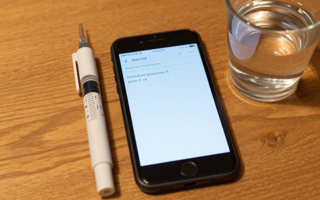 A phone logging a Mounjaro dose chart beside a pen, showing dose tracking habits.