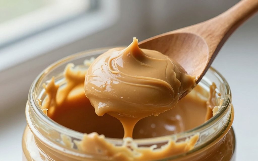 Macro shot of peanut butter on a spoon showing a real serving size