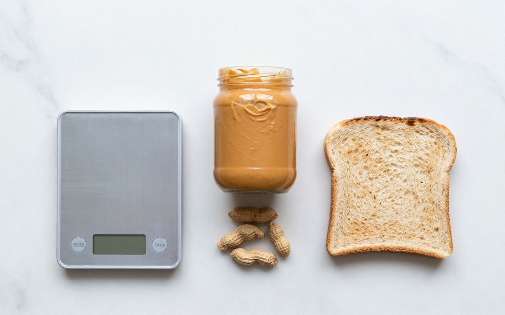 Top-down view of peanut butter, peanuts, and a scale for tracking macros