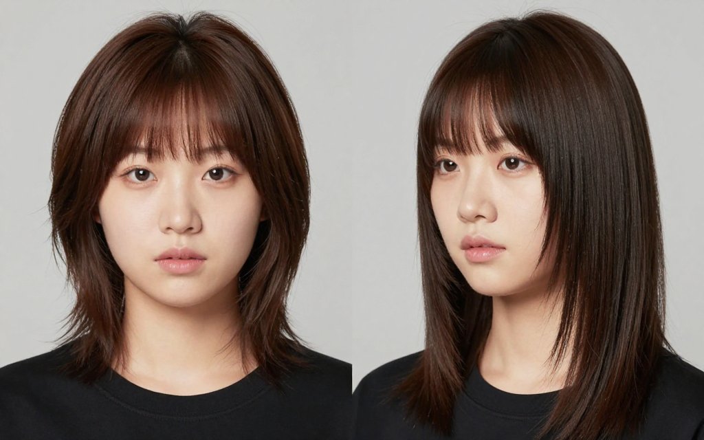 Wolf cut haircut styled for a round face beside one styled for a long face