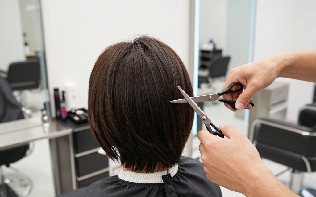 Stylist cutting layers for a short wolf cut haircut in a salon
