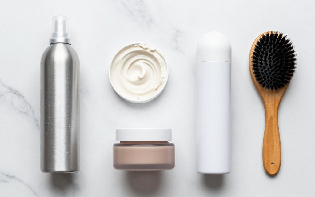 Flat-lay of styling products used to style a wolf cut haircut at home