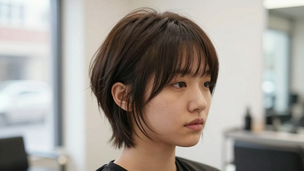 Woman with a modern wolf cut haircut showing choppy crown layers and wispy face-framing pieces