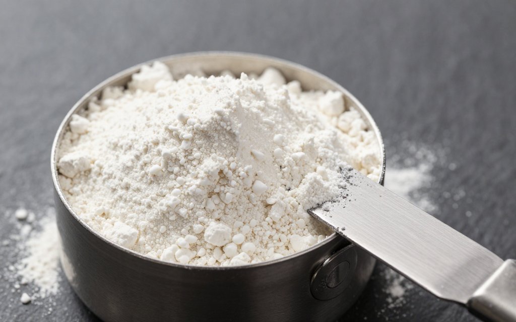 Macro shot of a leveled cup of flour showing how many grams in a cup of flour looks measured