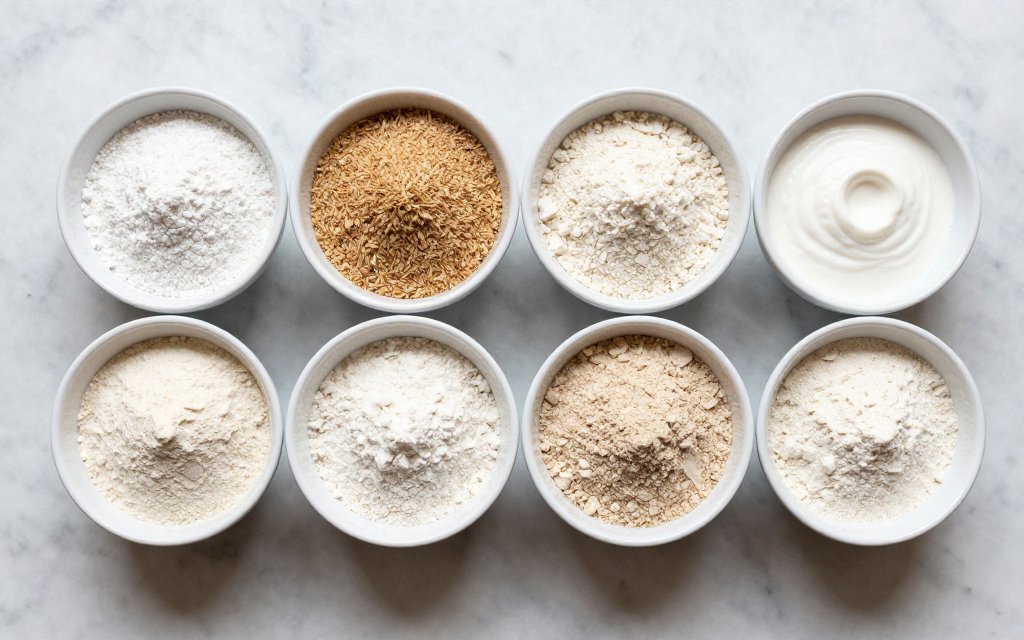 Top-down comparison of four flour types showing a cup of flour in grams differs by variety