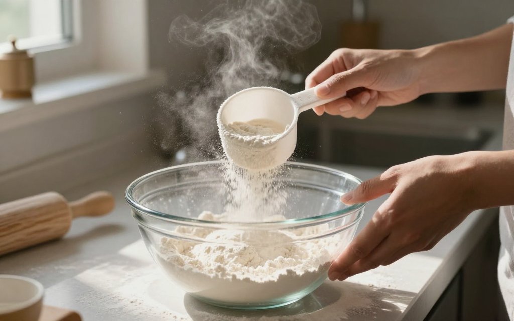 Spooning flour into a measuring cup for a cups to grams flour conversion