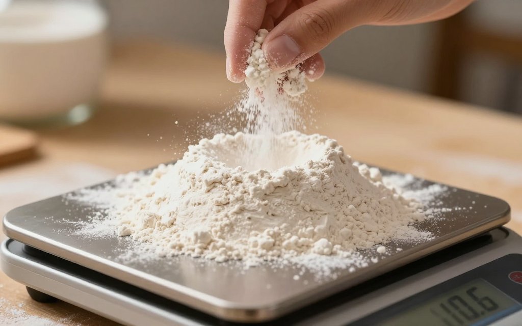 Flour on a digital scale showing grams of flour in one cup weighed exactly