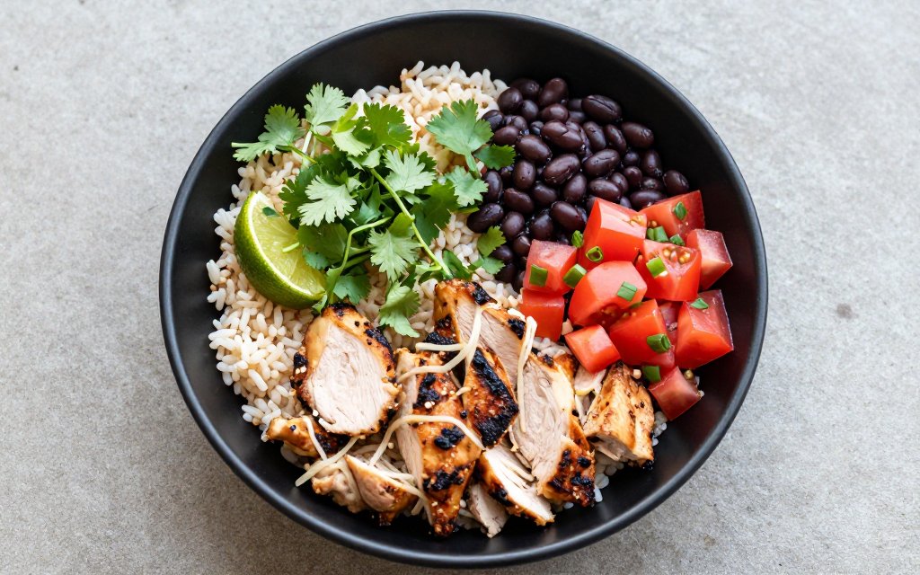 Top-down burrito bowl showing how chipotle bowl calories stack by ingredient