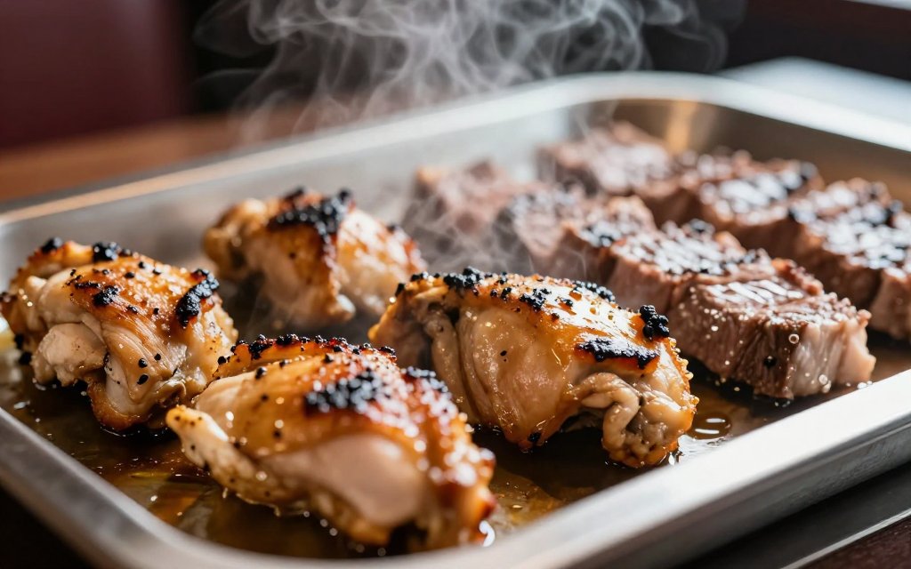 Macro shot of grilled chicken and steak, the leanest chipotle protein bowl options