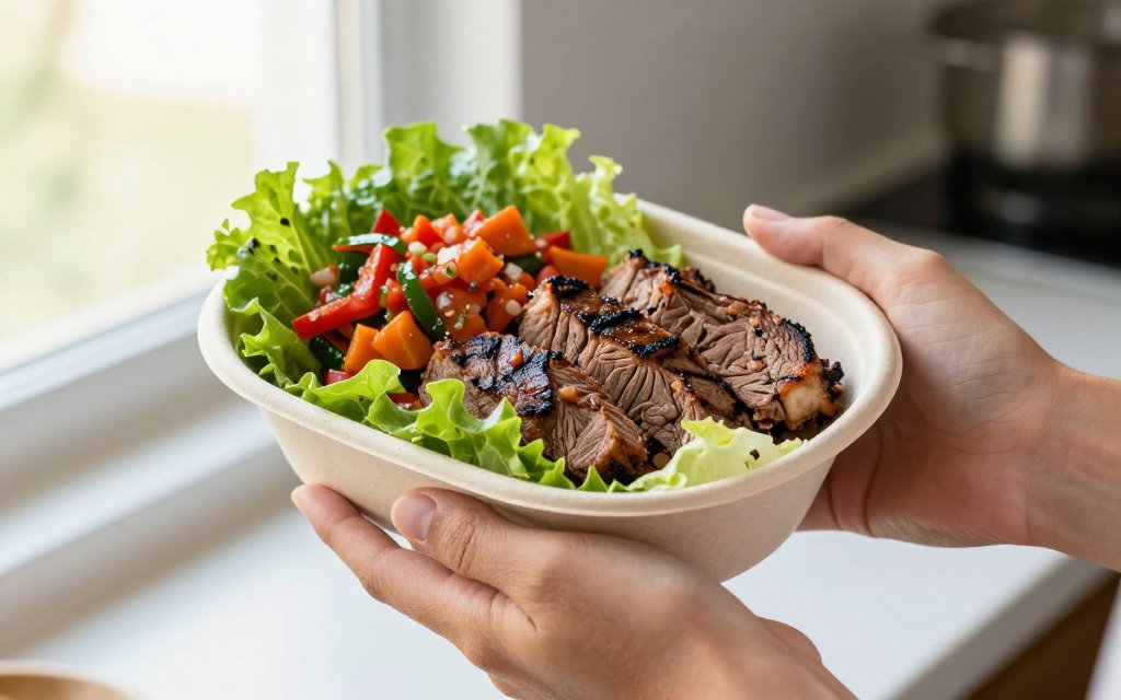 Hands holding a low calorie chipotle bowl built on lettuce with steak and veggies